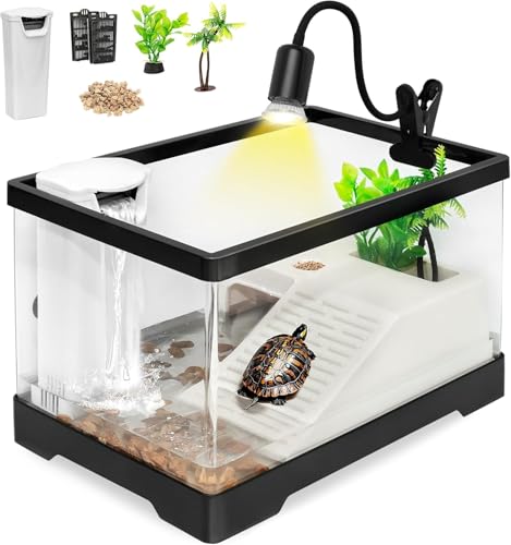 Large Turtle Tank Kit,All in One Red Eared Slider Starter Aquarium | Turtle Aquatic,Multi-Function Area Habitat,Includes Silent Filter,Filter Plates,UVB Lamp,Bulb,Plants,Stone,Basking Platform - size: Large(19.7*9.5*9.5inch)