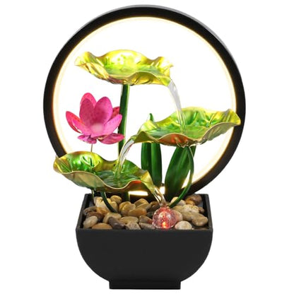Tabletop Fountain 3-Tiers Leaf,11" Small Waterfall Fountains Indoor Water Fountain with Rocks and Ring Lights,Desktop Fountains for Meditation Relaxation for Bedroom Living Room Office
