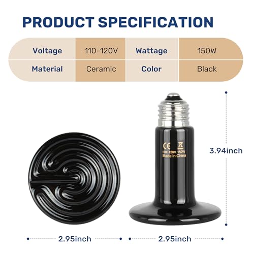 YSSOA 150W Reptile Heat Lamp, Ceramic No Light Emitting Heat Bulbs, Suitable for Snake/Lizard/Spider, Incubating Chicken and Plant Growth, 2 Pack