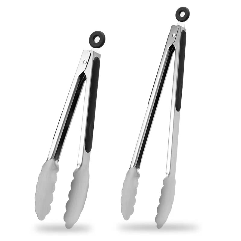 9 & 12 Inch Kitchen Tongs, Stainless Steel Metal Tongs Cooking Tongs, for Cooking Barbecue, BBQ Grilling, Buffet Serving (9"+12") | For Cooking/Serving/Grilling | Heat-Resistant | Dishwasher Safe - size: 9"+12"