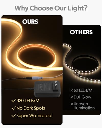 24V COB LED Strip Light Warm White 32.8FT Dimmable LED Tape Light with Dimmer 3000K High Density 320LEDs/M Waterproof LED Rope Light Cuttable Includes Adapter for Building Garden Rooftop 10M - color: Warm White, size: 10M