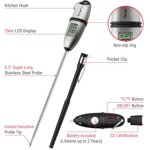 TempPro TP02S Digital Food Thermometer for Cooking Bread Baking Sourdough Liquids, Meat Thermometer Digital with Super Long Probe for Kitchen Candy Making Gift for Dad Husband (Previously ThermoPro)