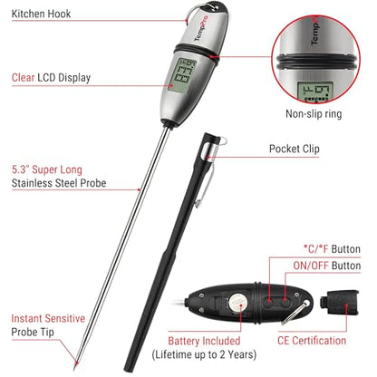 TempPro TP02S Digital Food Thermometer for Cooking Bread Baking Sourdough Liquids, Meat Thermometer Digital with Super Long Probe for Kitchen Candy Making Gift for Dad Husband (Previously ThermoPro)