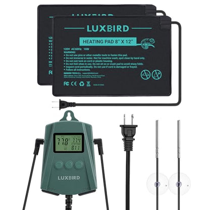 Luxbird Reptile Heating Pad 8x12 Inch with Dual Output Reptile Thermostat LB-2SC Combo Set Under Tank Terrarium Heating Mat for Turtles, Lizards, Frogs, and Other Reptiles