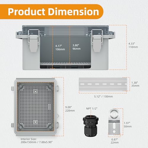 Joinfworld Outdoor Waterproof WiFi Enclosure 8.7x6.7x4.3 | Weatherproof Outdoor Electrical Junction Box, IP67 Rated, DIN Rail & Stainless Latch for Solar, Irrigation, Network & DIY - size: 8.7"x6.7"x4.3" Clear