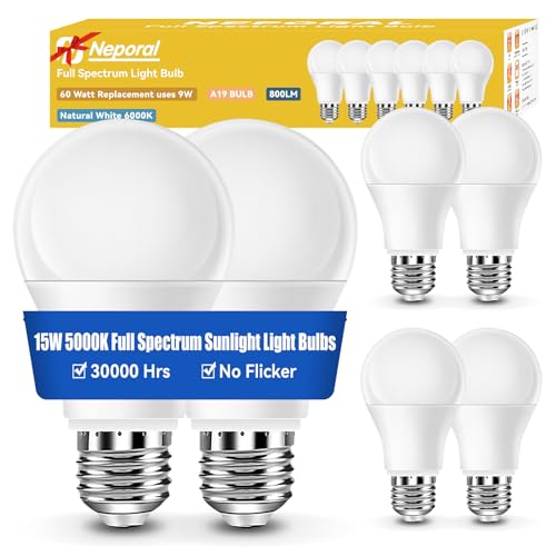 Neporal 15W Full Spectrum Light Bulb, 5000K UV-Free Natural Sunlight Bulbs, 15W 120W Equivalent LED Light Bulb, CRI 90+, No Flicker,1200Lumen Daylight Sunlight Lamp for Home & Office, 6PK - color: 5000k Daylight, size: 6 Count (Pack of 1)