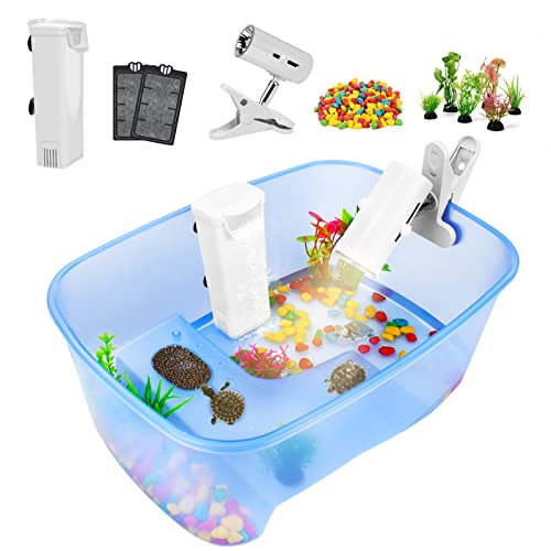 Rypet Baby Turtle Aquarium Tank Starter/ Accessories Kit - Reptile Terrariums Tortoise Habitat with UV Basking Light Lamp, Water Filter, Rocks, Small Plants for Frog Hermit Crab - color: Blue+pump Light