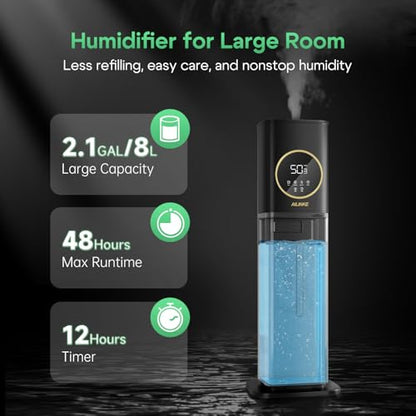 Humidifier for Plants Indoor, Reptile Fogger with Humidity Control - 2.1Gal/8L Cool Mist Humidifier with Humidity Probe/Expandable Hose, Terrarium, Greenhouse, Grow Tent, Houseplants, Reptiles