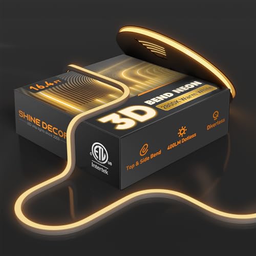 Shine Decor 3D LED Neon Rope Lights AC 120V, Top & Side Bend 400LM Dotless, Driverless IP65 Waterproof Cold-Resistant ETL Silicone Strip for Home Commercial 10x10mm, 2800K Warm White, 16.4ft - color: 2800K Warm White, size: 16.4 ft