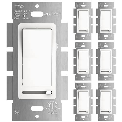 Amico 6 Pack Slide Dimmer Switch, Single-Pole or 3-Way, for Dimmable LED Lights (150W), CFL, Incandescent & Halogen Bulbs (600W), No Wall Plate Included, ETL Listed, White - size: 6 Pack