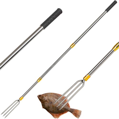 Cyfie Telescopic Multi-Size Fishing Gaff Hook for Flounder Gig, Stainless Steel Fishing Hunting Harpoon Pole with Spear Hook Barbed, Heavy Duty Frog Flounder Gig for Ice Fishing Saltwater Sea - color: 6 ft long with 3-prong spear hook