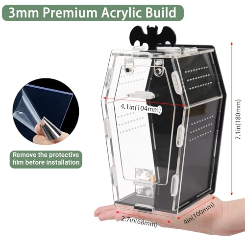 Acrylic Spider Enclosure Coffin House with Magnetic Lock | Coffin-Shaped House, Magnetic Lock & Feeding Port, No Tools Assembly, Jumping Spider Habitat, Easy Clean