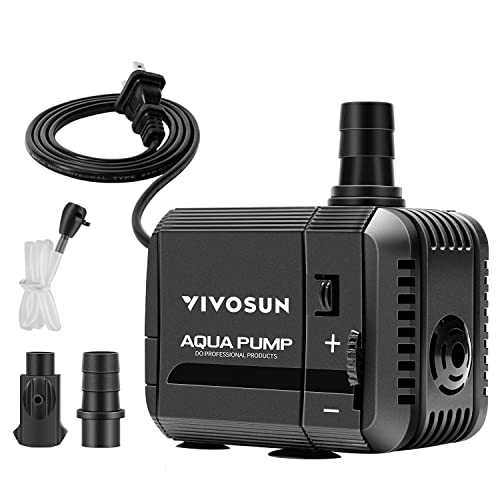 VIVOSUN 130GPH Submersible Pump(500L/H, 6W), Ultra Quiet Water Pump with 2.6ft High Lift, Fountain Water Pump with 5ft Power Cord, 2 Nozzles for Fish Tank, Pond, Aquarium, Statuary, Hydroponics - size: 5"×3"-130