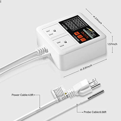 iPower Digital Temperature Controller, 1200W 10A Dual Outlet Thermostat Plug, 2-Stage Heating/Cooling Mode, for Seed Germination, Reptiles, Brewing Breeding, Fermenter Greenhouse