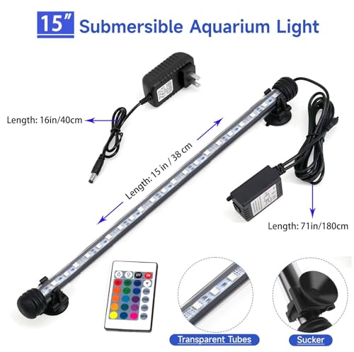 15 inch RGB Aquarium Lights, Underwater Fish Tank Lights IP68 Waterproof Color Changing Adjustable Memory Submersible Remote Control Aquarium Tank Lights - size: 15 Ihcn