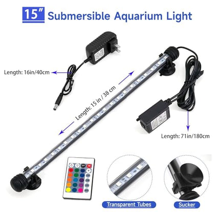 15 inch RGB Aquarium Lights, Underwater Fish Tank Lights IP68 Waterproof Color Changing Adjustable Memory Submersible Remote Control Aquarium Tank Lights - size: 15 Ihcn