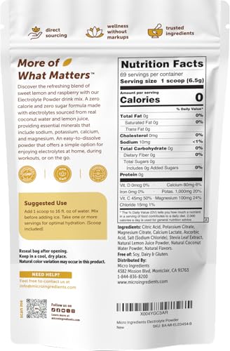 Micro Ingredients Electrolytes Powder, 1lbs(69 Servings) | Sugar Free | Lemon Raspberry Flavor | High Potassium (1,000mg) + Coconut Water & Real Lemon Juice | Keto Friendly, Non-GMO - size: 16 Ounce (Pack of 1)