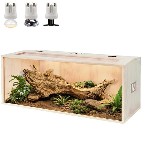 PROLEE Bearded Dragon Tank,Wooden Reptile Tank and Lizard Tank,Tempered Glass Large Bearded Dragon Enclosure with Built-in Lamp Fixture (48X20X20inch,80 Gallons) - color: Wooden Roof, size: 48X20X20inch,80 Gallons
