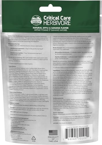 Oxbow Critical Care Herbivore Assist Feeding Formula for Rabbits & Guinea Pigs, High Fiber Timothy Hay Recovery Food, Natural Apple Banana Flavor, Vet Recommended Emergency Nutrition, 454g 2 Pack - size: 16.01 Ounce (Pack of 2)
