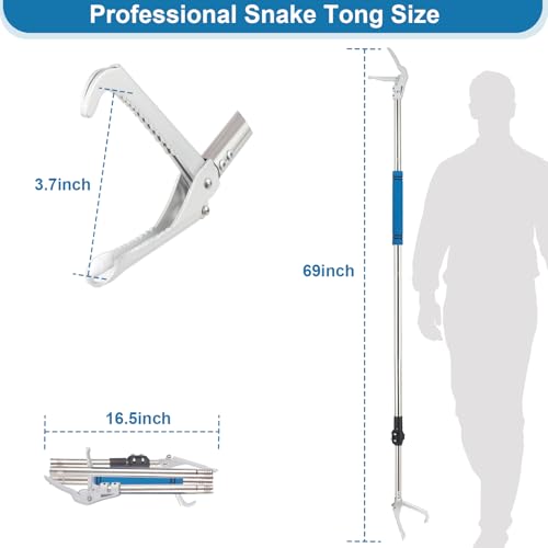 Snake Grabber Reacher Tool, 69" Snake Catcher Tongs Long Handle Heavy Duty Reptile Rattlesnake Catch Tongs Snake Tool Wide Jaw Stainless Steel Sponge Wrapped Handle (Blue)