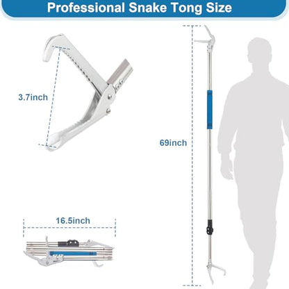 Snake Grabber Reacher Tool, 69" Snake Catcher Tongs Long Handle Heavy Duty Reptile Rattlesnake Catch Tongs Snake Tool Wide Jaw Stainless Steel Sponge Wrapped Handle (Blue)