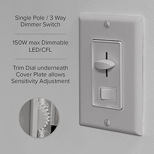Maxxima LED Dimmer Electrical Light Switch, Gray, 3-Way/Single Pole Use | 600 Watt Max, LED and Incandescent Compatible, Wall Plate Cover Included - color: Gray