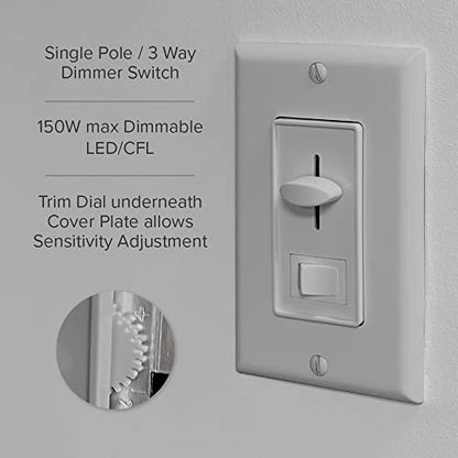 Maxxima LED Dimmer Electrical Light Switch, Gray, 3-Way/Single Pole Use | 600 Watt Max, LED and Incandescent Compatible, Wall Plate Cover Included - color: Gray
