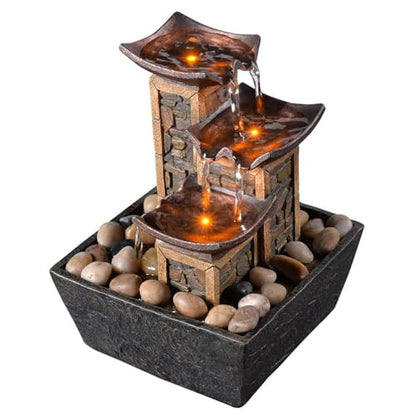 GOSSI Indoor 3-Tier Tabletop Water Fountain with Soothing Sound, Simulation Stone Pillar Design, Natural River Rocks, Reflective Lighting for Meditation and Relaxation - color: Yellow