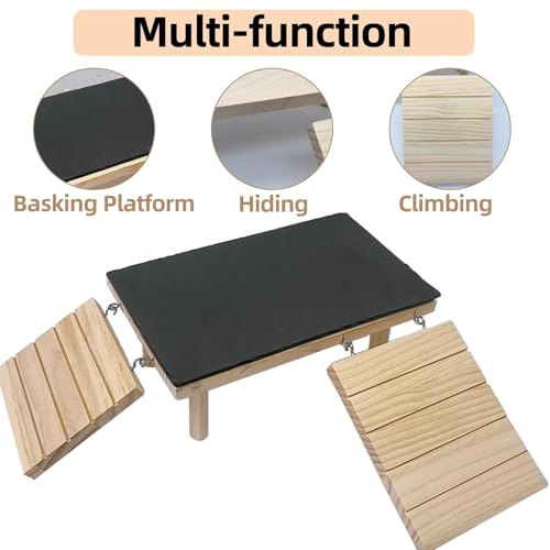 Bearded Dragon Basking Platform with Climbing Ramp,Leopard Gecko Basking Platform with Slate Stone,Reptile Basking Rock Hide Cave Climbing Accessories for Turtle,Snake,Lizard(11.8×5.9×4.7IN) - size: M - 11.8"D x 5.9"W x 4.7"H