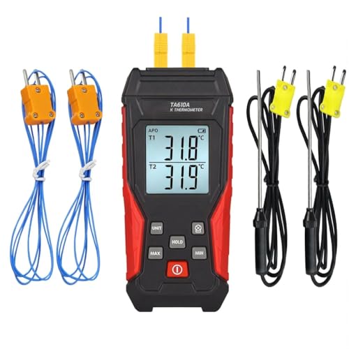 Thermocouple Thermometer, Digital Dual Channels Thermocouple with 4 K-Type Thermocouple Probes LED Backlight Display -328~2501℉ Measuring Range K Type Temperature Tester - color: Red