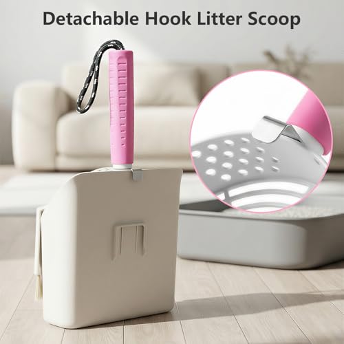 Cat Litter Scoop with Holder, 3 in 1 Metal Kitty Scooper, Heavy Duty Deep Litter Sifter with Dustpan & Mini Broom, Dual Coarse & Fine Grid, Quick Sift, Universal for All Cat Litter - color: Pink, size: Large