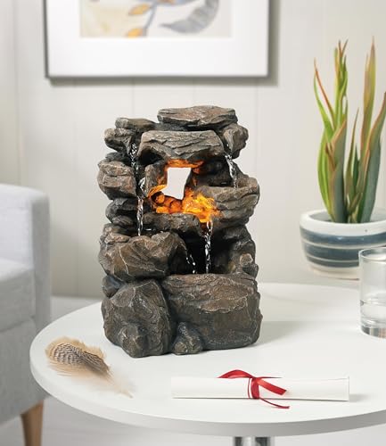 Cascading Indoor Tabletop Water Fountains with LED Light - Rockery Waterfall Fountain - Quiet and Relaxing Water Sound - Small 9.7 Inch Desktop Size - Home/Office Decor - color: Yellow