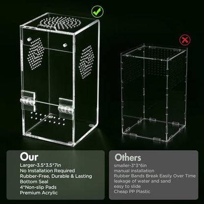 Pre-Assembled Jumping Spider Enclosure, Acrylic Terrarium with Magnetic Door & All-Side Ventilation, Habitat for Spiderling, Mantis, Tarantula, Snail, 3.5"×3.5"×7" (Tweezer & Temp Sticker Included) - size: Small Vertical (3"×3"×7")