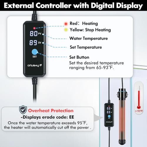 Orlushy Submersible Aquarium Heater, Fish Tank Heater with Free Thermometer for Freshwater and Saltwater Tank - size: R300