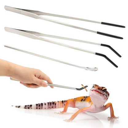 3 Pcs Stainless Steel Reptile Feeding Tool Set with 2 Rubber Tipped Tongs and 1 Crested Gecko Feeding Spoon, Crested Gecko Tank Accessories for Geckos, Lizards, Bearded Dragons, and Small Animals
