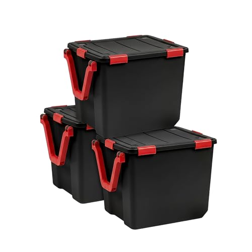 IRIS USA 3-Pack WeatherPro Gasket Box, 106 Quart Weather Resistant Storage Bins with Latching Lids, Heavy Duty Organizing Containers for Closet, Bathroom, and Office - Black/Red - size: 106 Qt. - 3 Pack