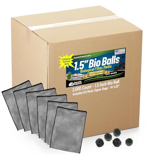 Aquatic Experts 1.5" Large Bio Balls for Ponds – Biological Filter Media for Waterfalls & Outdoor Pond Filters, Treats Up to 6,600 Gallons (2000 Count Bulk Box + Six 14" x 20" Mesh Bags) - size: 2000 Count with (6) 14" x 20" Mesh Bags