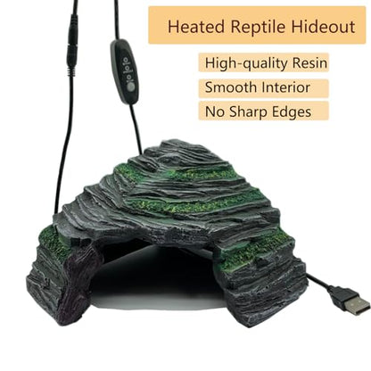Heated Reptile Hides and Caves Resin Simulation Rock Reptile Hide Cave Bearded Dragon Hideout Heating Hide with Adjustable Temperature for Lizards Tortoise Turtles Snake Gecko