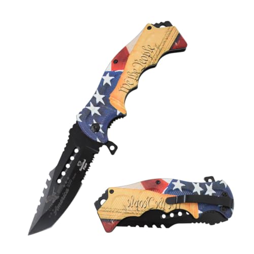 Snake Eye Tactical 8.5" Heavy Duty Folding Pocket Knife – Black Reverse Tanto Half Serrated 3CR13 Steel Blade, Printed Metal 'We the People' Constitution Handle with Pocket Clip, 250th Anniversary Edition - color: Brown & Black