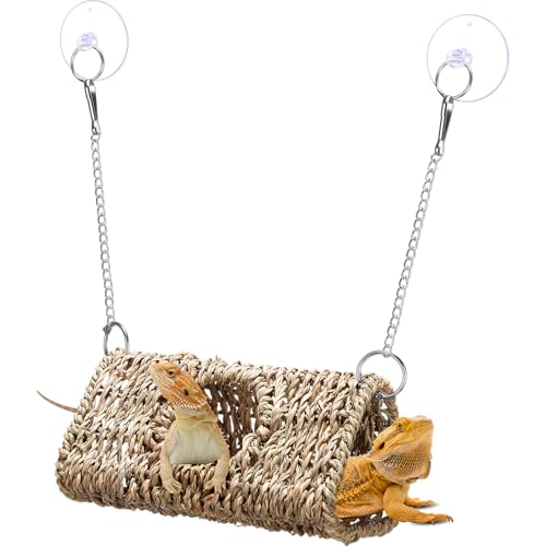 CroBlissful Reptile Hide Cave Hollow Cave Hideout with 2 Pcs Suction Cup and Chain Gecko Hide Reptile Tank Decor Seagrass Fiber Climbing Toy for Lizard Snake Hermit Crab(Triangle,Pale Yellow) - color: Pale Yellow, style: Triangle