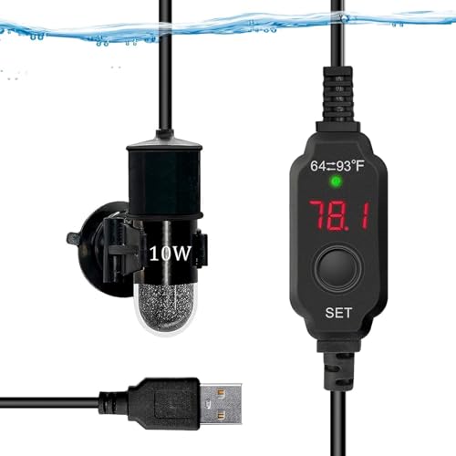 Mini Submersible Aquarium Heater, 25/50/100/150/200/300 Watts Adjustable Fish Tank Heater, Built-in Thermometer, External Temperature Controller, Smart Memory (10 Watts(USB)) - size: 10 Watts(USB)