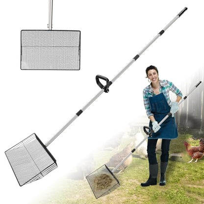 Metal Chicken Poop Scooper, 5-in-1 Detachable Chicken Coop Scoop Rake, Long Stainless Steel Handle, Chicken Litter Scoop Sifting Shovel Chicken Coop Scooper for Sand (15inch Large) - size: 15inch Large