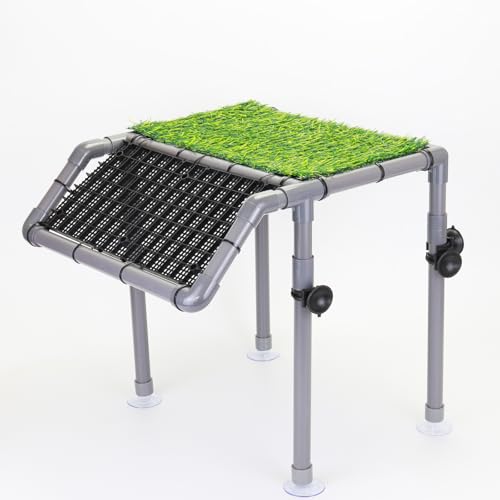 Extra Large Turtle Basking Platform, Sturdy Standing Dock with Non-Slip Ramp & Artificial Grass, Turtle Tank Accessories, Fits 50/65/75/90/125 Gal Tanks, Gray/Black - size: Basking Platform 13.4" W × 10" D