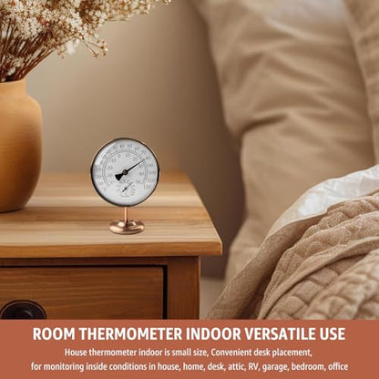 4-Inch Indoor Thermometer and Humidity Gauge, Room Analog Temperature and Humidity Monitor, Dual Scale Display, Brass Dial with Stand, Battery-Free for House, Home, Desk, Bedroom, Garage, RV