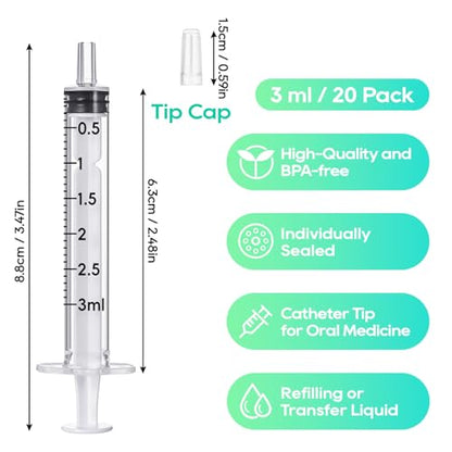 JOLLY PARTY 20 Pack 3ml Syringes with Caps, 3cc Syringe Needleless, Small Oral Syringe with Tip Cap Individually Wrapped for Scientific Labs, Liquid Measuring, Pet Feeding, Oil & Glue Dispenser - style: 3ml