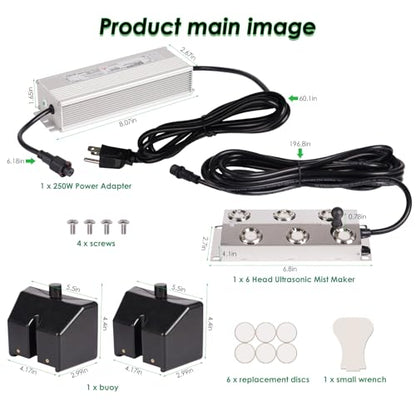 Mist Maker Fogger, 6 Head Ultrasonic Mist Maker, 5000ml/H Ultrasonic Fogger with 250W Power Supply, Perfect for Pond Garden Lawn Rockery Greenhouse Halloween Decoration (6 Head)