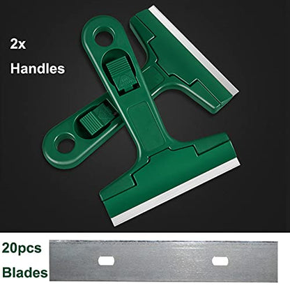 2pack 5.5 inches Industry Glass Scraper Scraping Hand Tool, T Shape Razor Blade Scraper with 20x Blades, Steel Scraping Knife for Window Stove Windshield Aquarium Tile Floor Wall Cleaning (Green) - color: Green