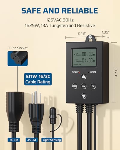 DEWENWILS Repeat Cycle Digital Timer, Interval Timer Outlet, Infinite/Day/Night Cycles, Photocell Light Sensor for Hydroponics Aquaponics Aeroponics, Pump, Fan, Water Heater, Indoor Use,1625W/125V/13A