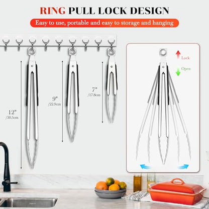 Kitchen Tongs for Cooking - 7 Inch & 9 Inch & 12 Inch Heat Resistant Stainless Steel Grilling Tong Grill Tong Metal Tongs for Cooking, Grilling, BBQ/Barbecue, Food (7+9+12 inch) - color: 7+9+12 inch