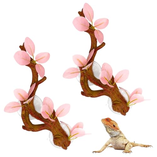 kathson 2 PCS Reptile Corner Branch, Lizard Climb Branches Decor Terrarium Plant Decoration with Suction Cup Reptile Tank Plant Ornament for Bearded Dragons Gecko Snake Spider Frog (Pink) - color: Pink